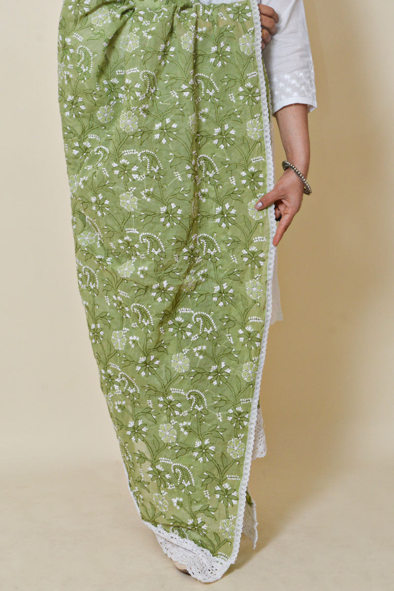 Fabnuma Handcrafted Green Cotton Allover Chikankari Dupatta - Fabnuma