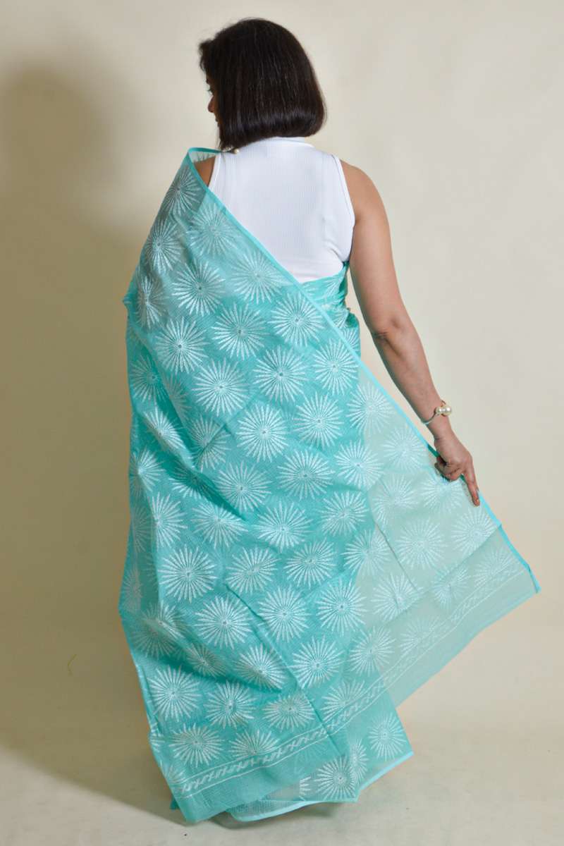 Fabnuma Handcrafted Sea Green Kota Cotton Chikankari Saree-Blouse - Fabnuma