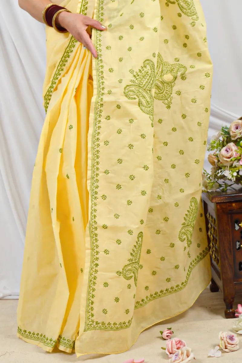 Handcrafted Yellow Cotton Saree with intricate Lucknowi Chikankari Embroidery and a matching Blouse, ideal for Festive and occasions.