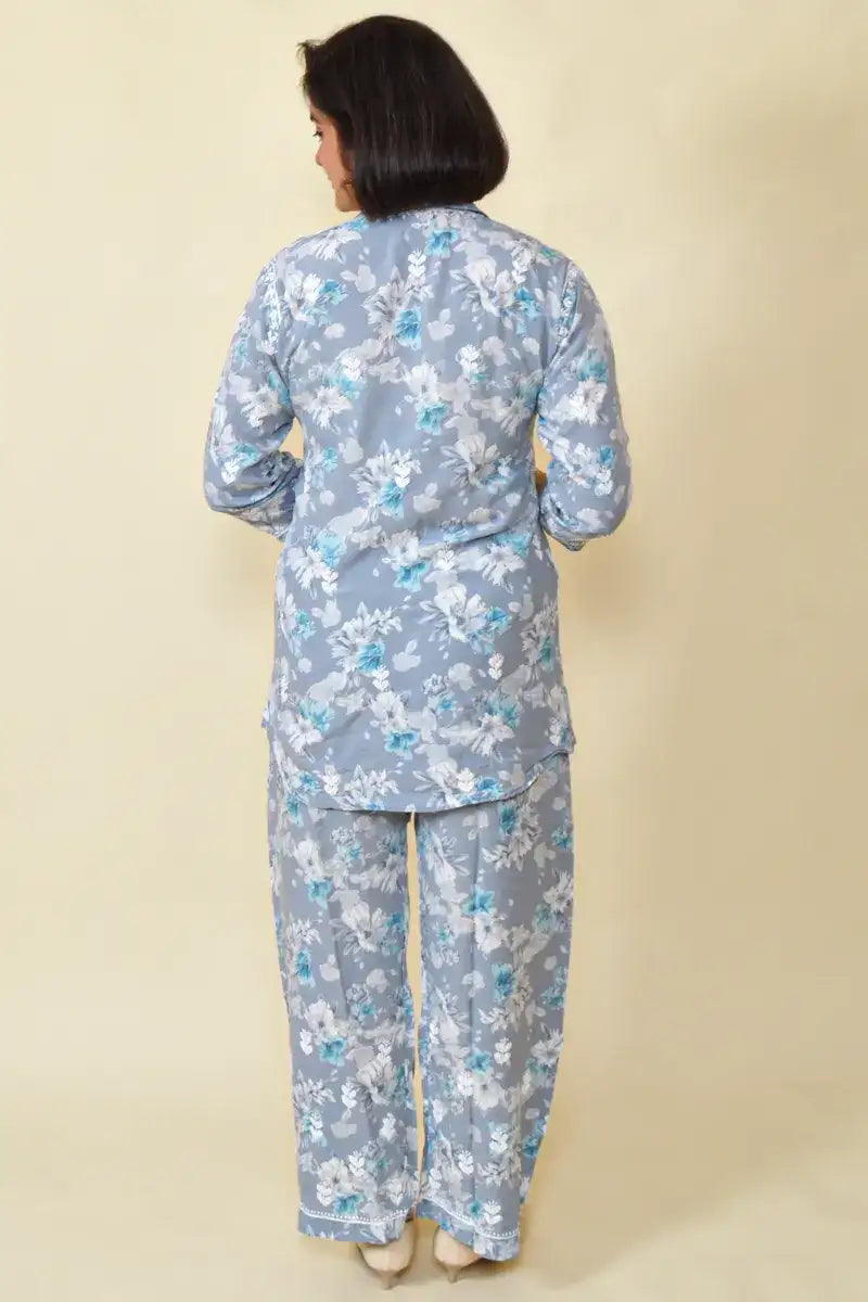 Fabnuma Handcrafted Grey Chikankari Rayon Cord Set - Fabnuma