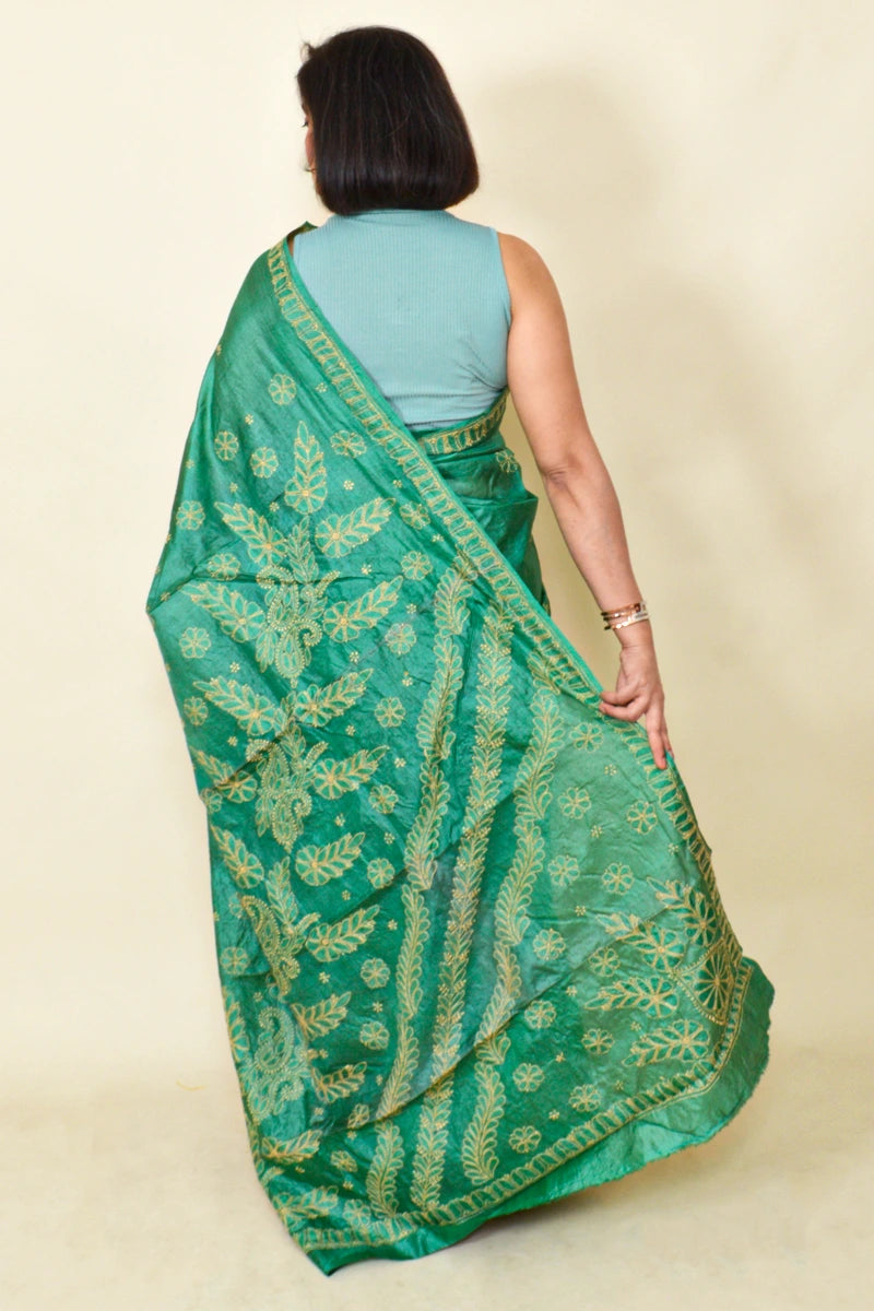 Fabnuma Handcrafted Teal Green Tussar Silk Chikankari Saree-Blouse - Fabnuma