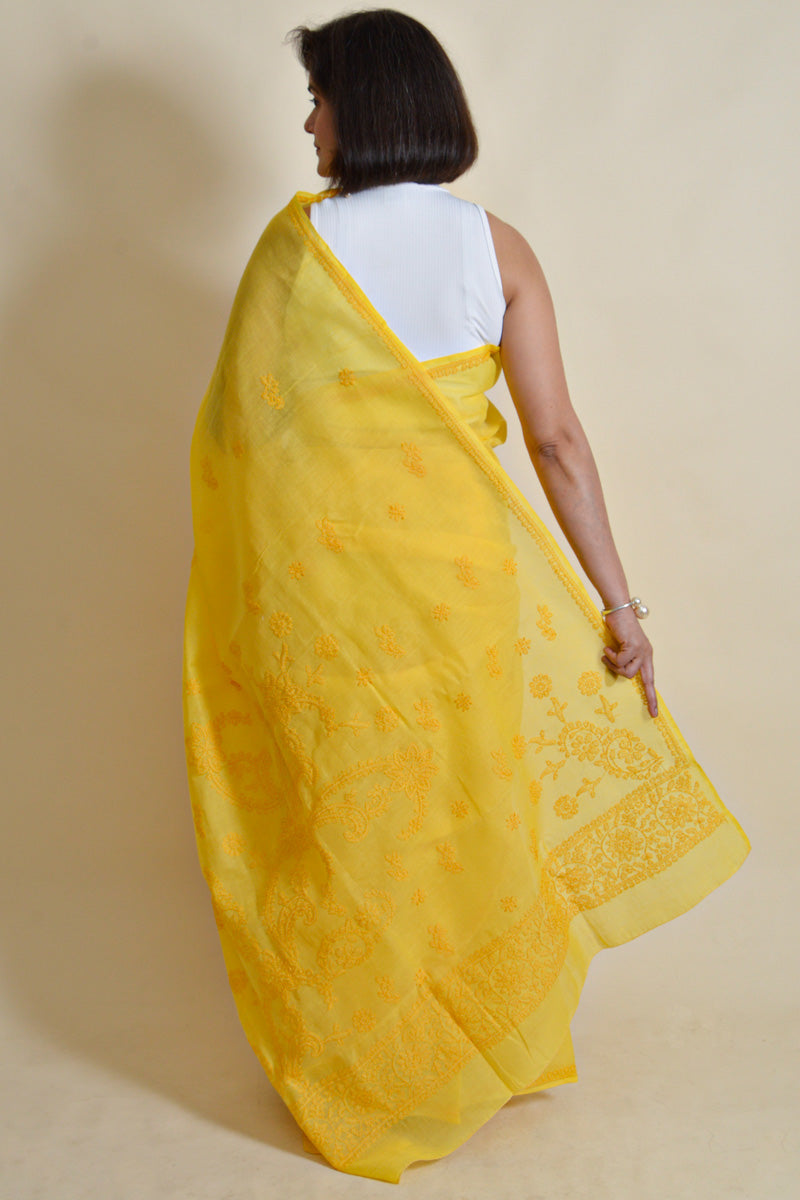 Fabnuma Handcrafted Yellow Cotton Chikankari Saree-Blouse - Fabnuma
