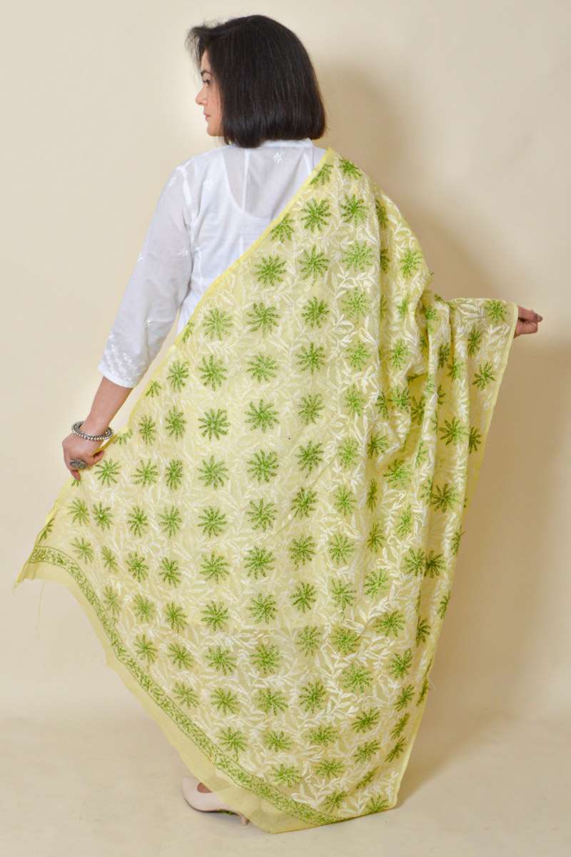 Fabnuma Handcrafted Yellow Kota Cotton Chikankari Dupatta - Fabnuma