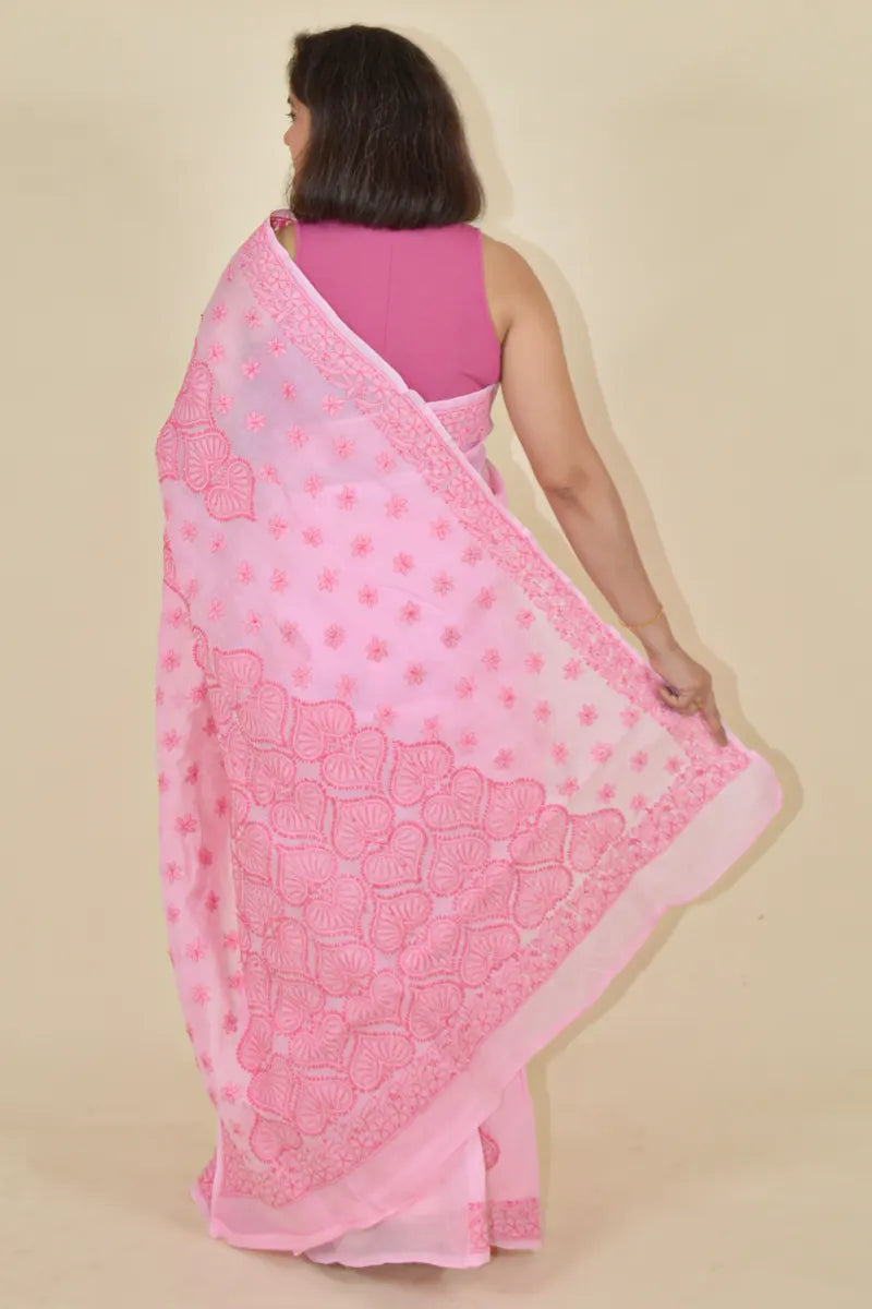 Fabnuma Handcrafted Pink Cotton Chikankari Saree-Blouse - Fabnuma
