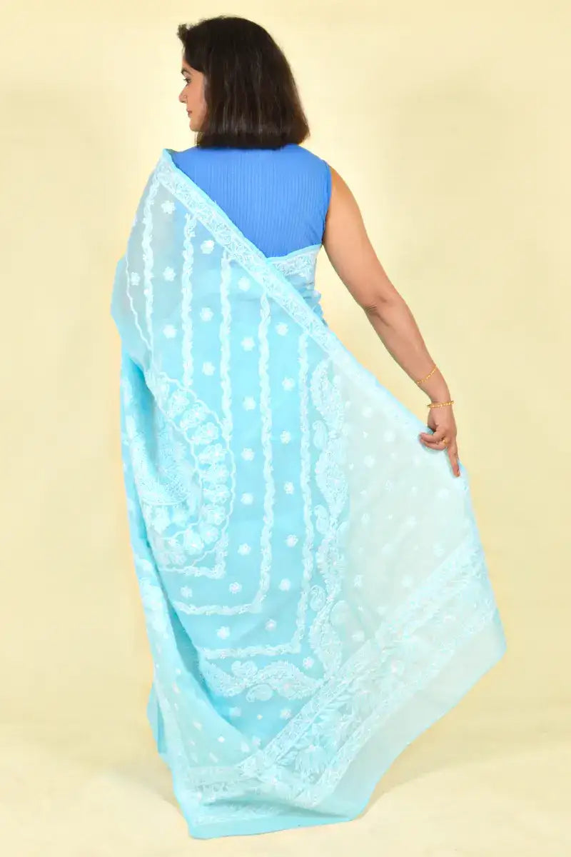 Fabnuma Handcrafted Sea Green Cotton Chikankari Saree-Blouse - Fabnuma