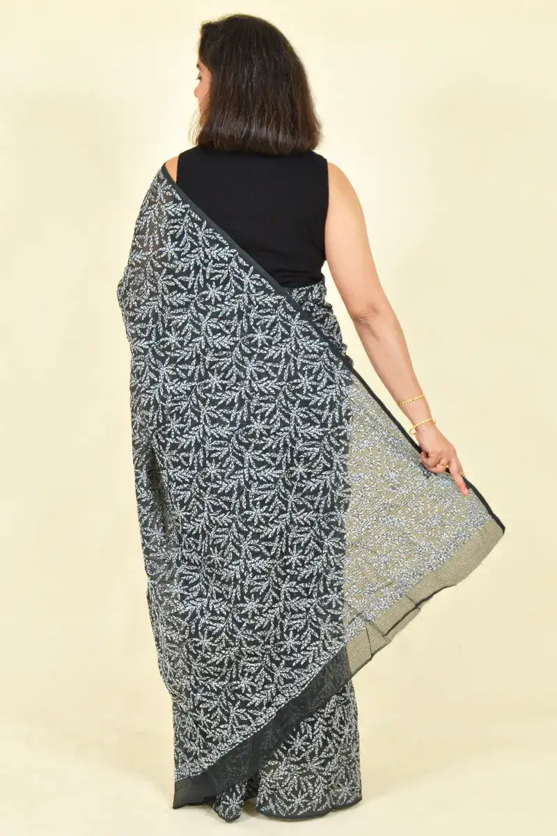 Fabnuma Handcrafted Black Kota Cotton Chikankari Saree-Blouse - Fabnuma