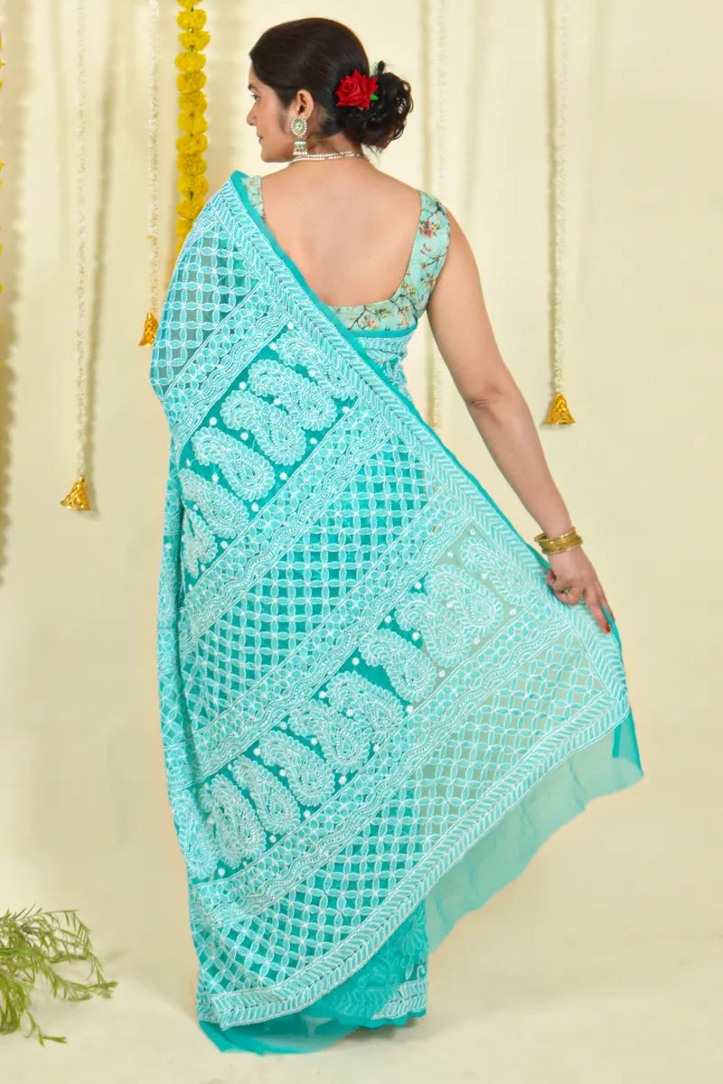 MeMaana Handcrafted Aqua Blue Georgette Chikankari Saree-Blouse MeMaana