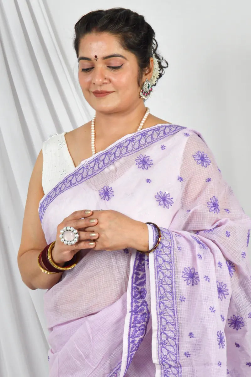 Handcrafted Lavender Kota Cotton Saree with Pearl & Sequin Work Designer Lucknowi Chikankari Embroidery and a matching Blouse, ideal for Festive and occasions.