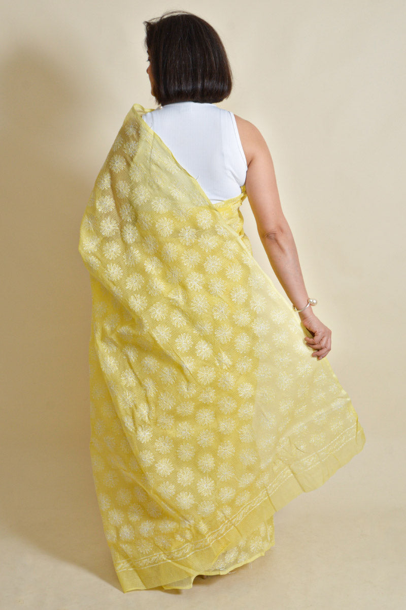 Fabnuma Handcrafted Lemon Kota Cotton Chikankari Tepchi Saree-Blouse - Fabnuma