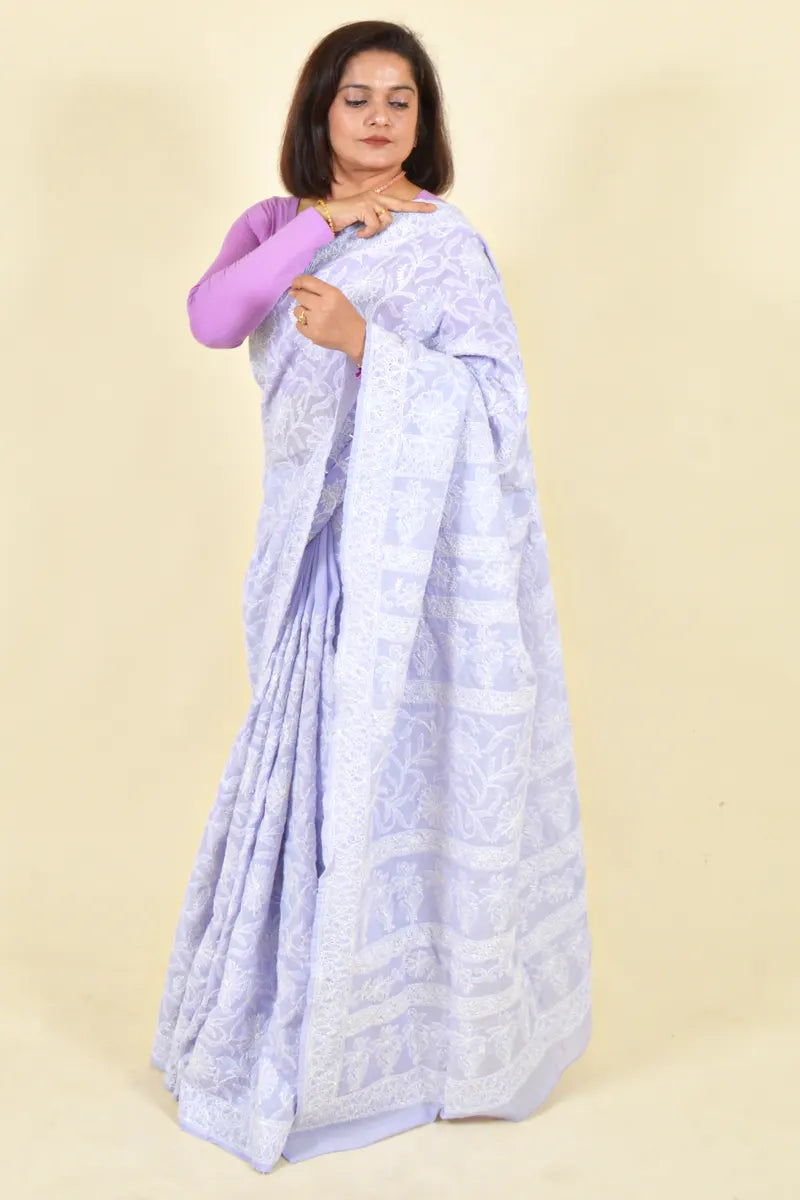 Fabnuma Handcrafted Lavender Cotton Chikankari Saree-Blouse - Fabnuma