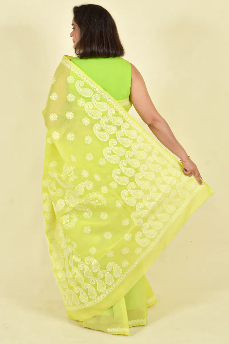 Fabnuma Handcrafted Lemon Green Cotton Chikankari Saree-Blouse - Fabnuma