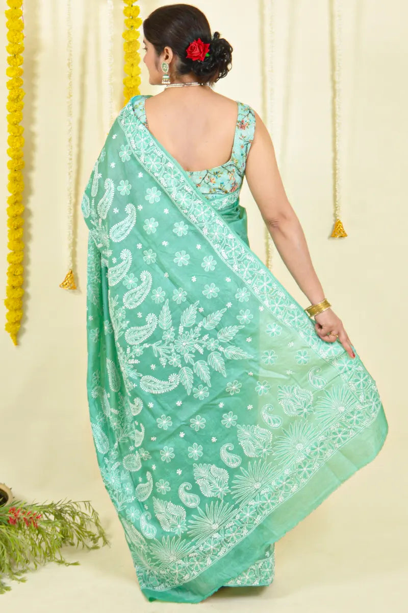 Fabnuma Handcrafted Green Tussar Silk Chikankari Saree-Blouse Fabnuma