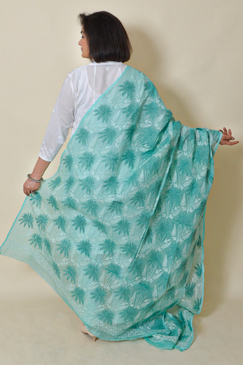 Fabnuma Handcrafted Sea Green Kota Cotton Chikankari Dupatta - Fabnuma