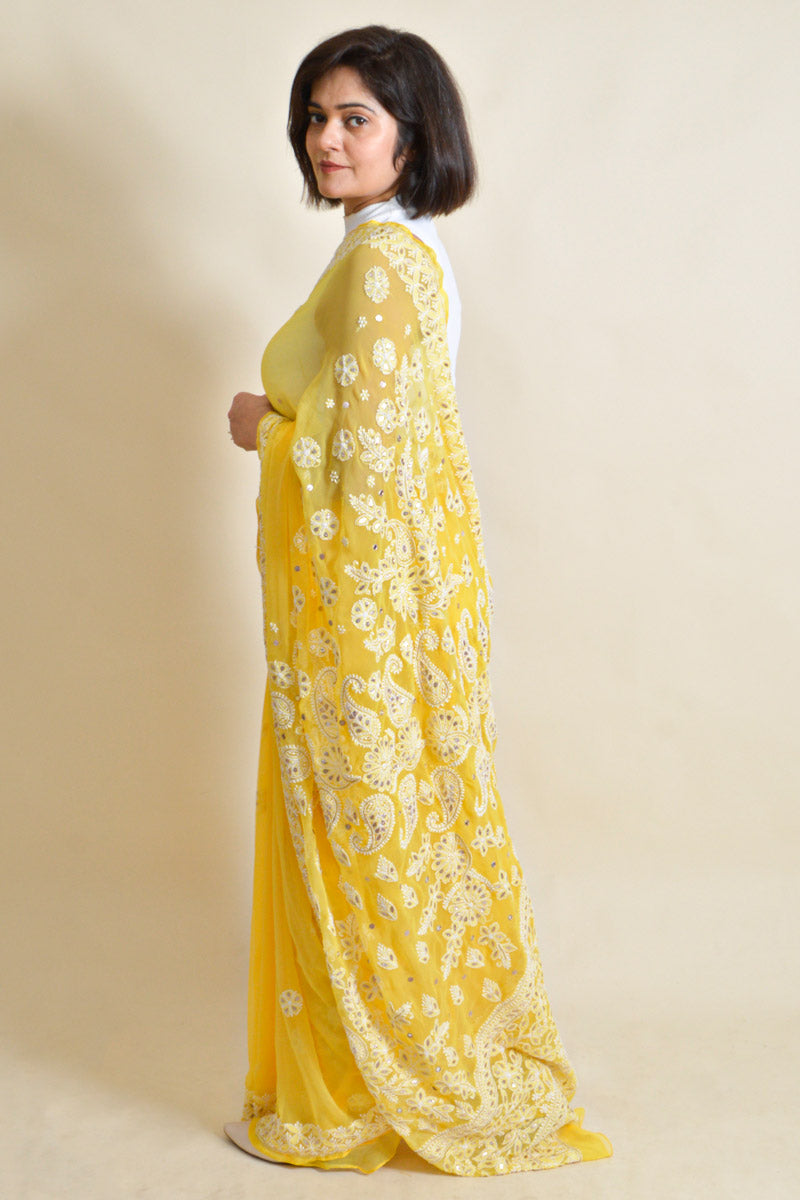 Fabnuma Handcrafted Yellow Georgette Chikankari Saree-Blouse - Fabnuma