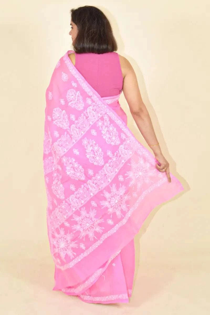 MeMaana Handcrafted Pink Cotton Chikankari Saree-Blouse MeMaana
