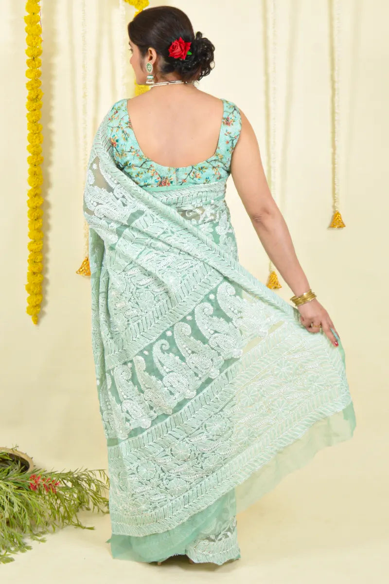 Fabnuma Handcrafted Pista Green Georgette Sequence Pearl Work Chikankari Saree-Blouse - Fabnuma