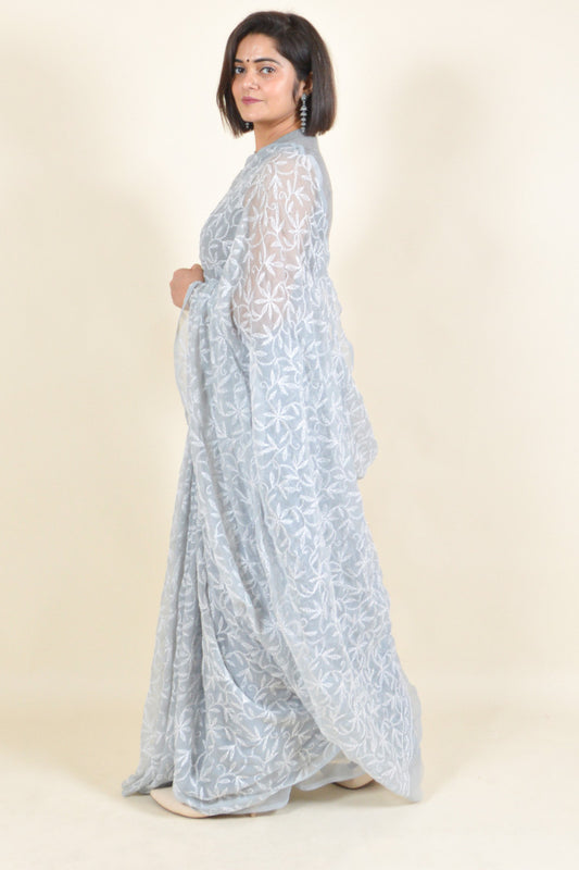 Fabnuma Handcrafted Grey Georgette Tepchi Chikankari Saree-Blouse - Fabnuma