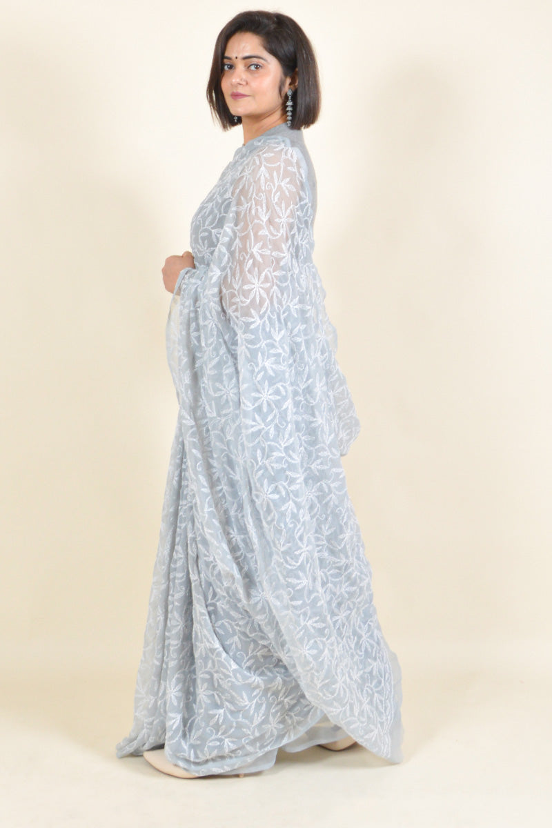 Fabnuma Handcrafted Grey Georgette Tepchi Chikankari Saree-Blouse - Fabnuma