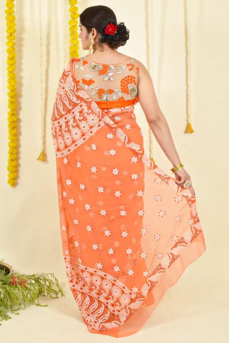 Fabnuma Handcrafted Orange Georgette Chikankari Saree-Blouse - Fabnuma