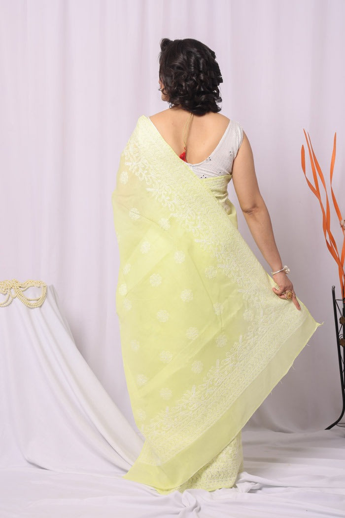 MeMaana Handcrafted Lemon Cotton Chikankari Saree-Blouse Fabnuma