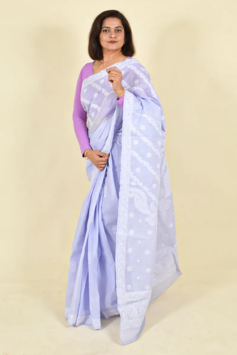Fabnuma Handcrafted Lavender Cotton Chikankari Saree-Blouse - Fabnuma