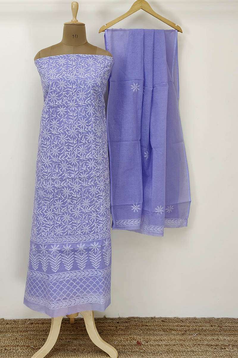 MeMaana Handcrafted Lavender Kota Cotton Chikankari Kurta Dupatta Set