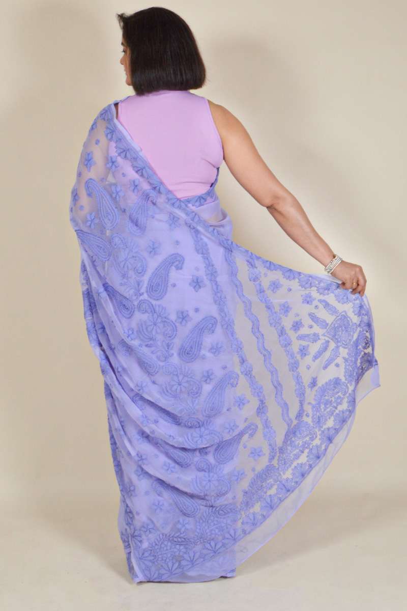 Fabnuma Handcrafted Lavender Georgette Chikankari Saree-Blouse - Fabnuma