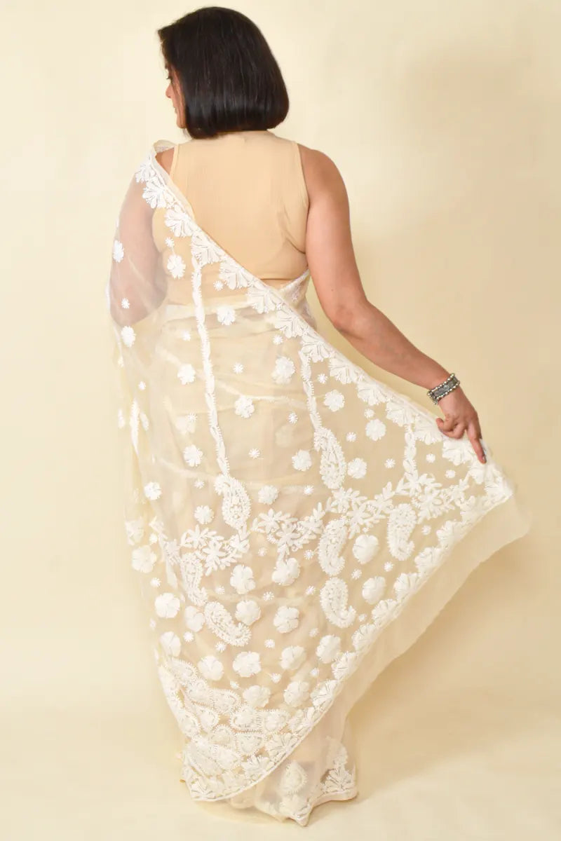 Fabnuma Handcrafted Fawn Georgette Chikankari Saree-Blouse - Fabnuma