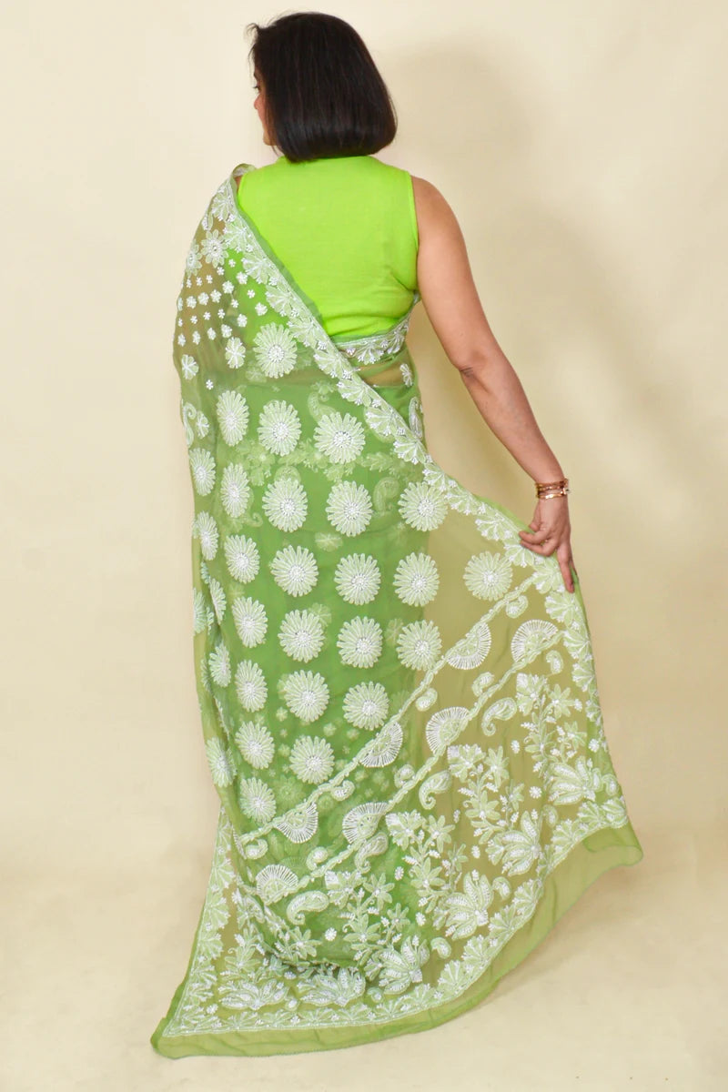 Fabnuma Handcrafted Green Georgette Chikankari Saree-Blouse - Fabnuma