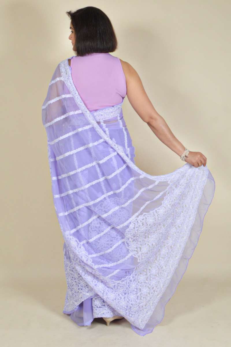 Fabnuma Handcrafted Lavender Georgette Chikankari Saree-Blouse - Fabnuma