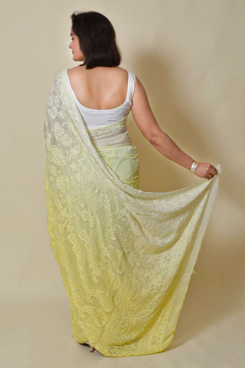 Fabnuma Handcrafted Shaded Lemon Viscose Chikankari Saree-Mukesh Work - Fabnuma