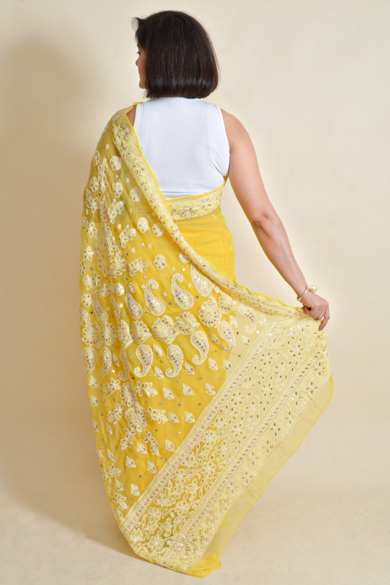 Fabnuma Handcrafted Yellow Georgette Chikankari Saree-Blouse - Fabnuma