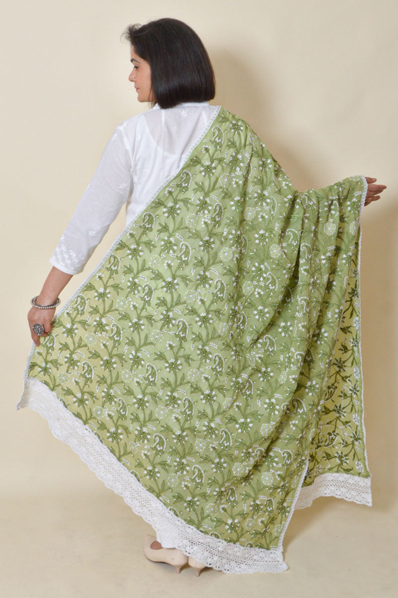 Fabnuma Handcrafted Green Cotton Allover Chikankari Dupatta - Fabnuma