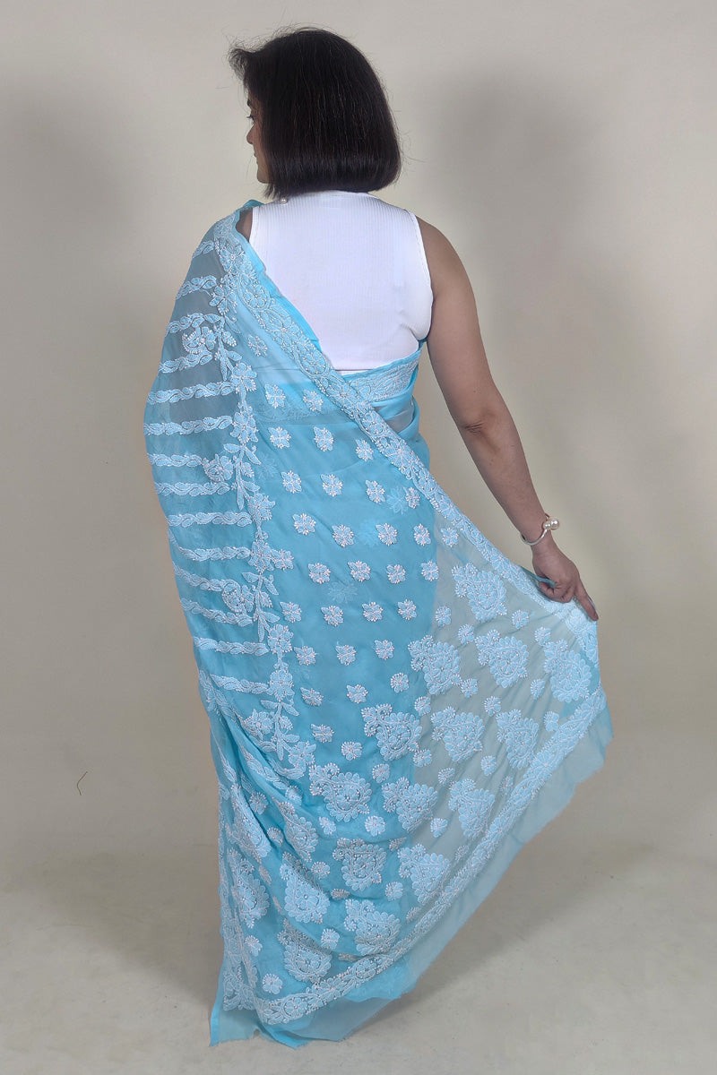 Fabnuma Handcrafted Sky Blue Georgette Chikankari Saree-Blouse - Fabnuma