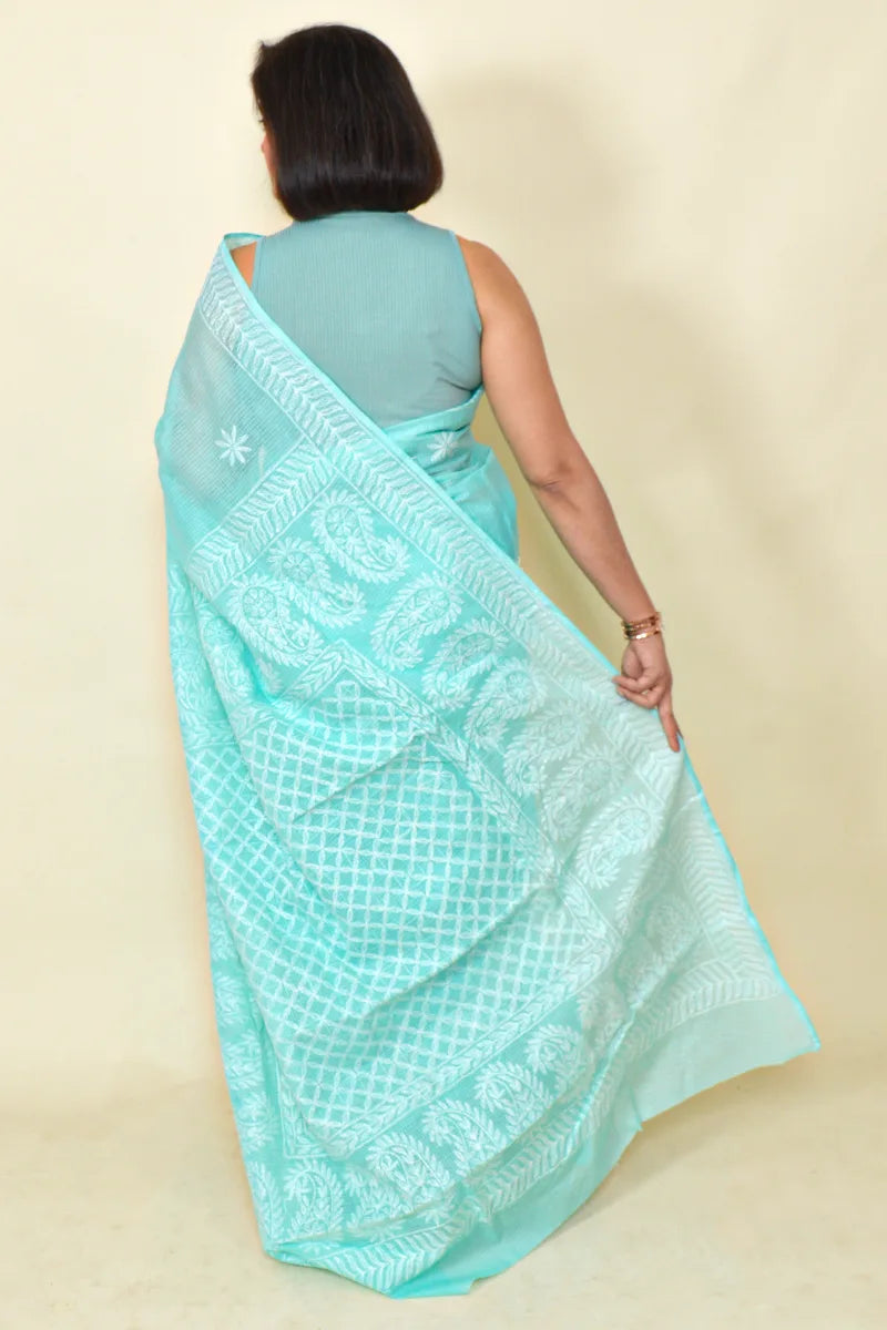Fabnuma Handcrafted Sea Green Kota Cotton Chikankari Saree-Blouse - Fabnuma