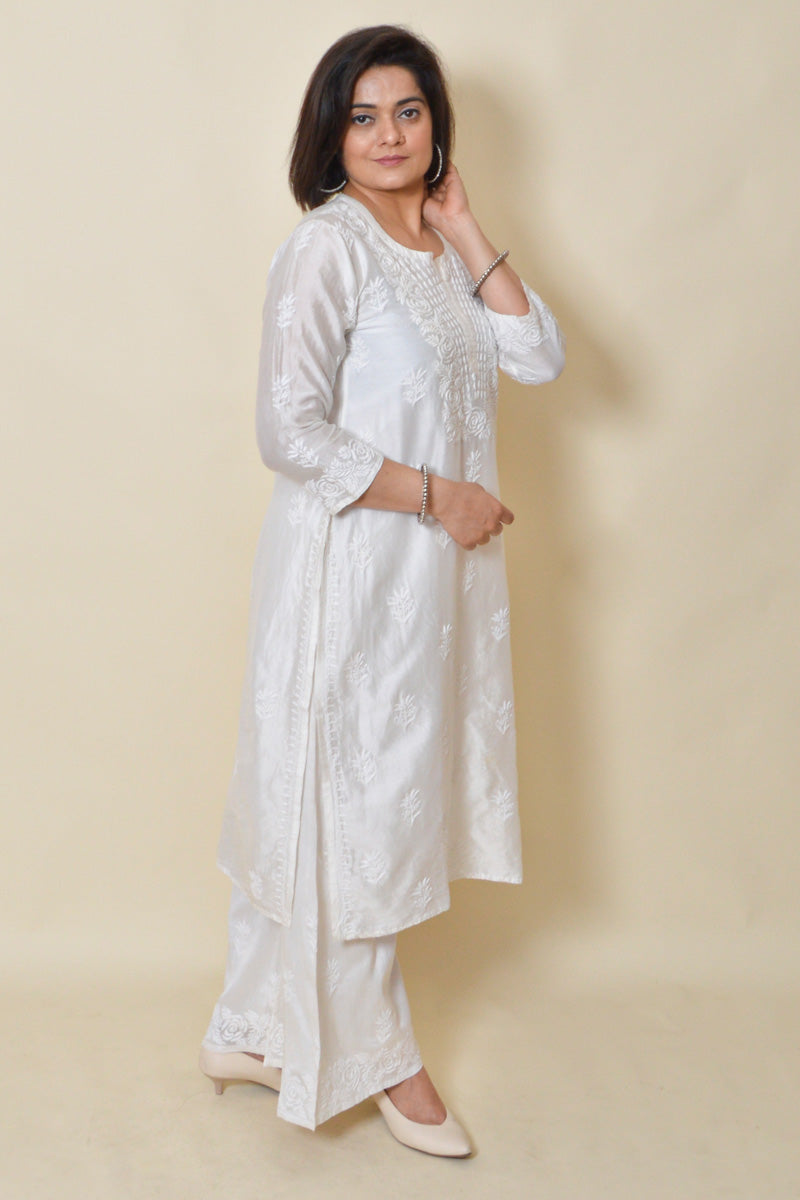 Fabnuma Handcrafted White Muslin Silk Chikankari Kurta Bottom Set - Fabnuma