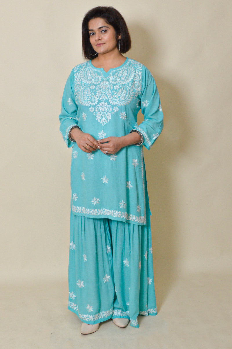 Fabnuma Handcrafted Sky Blue Rayon Cotton Chikankari Kurta Bottom Set - Fabnuma