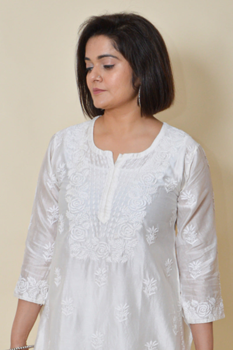 Fabnuma Handcrafted White Muslin Silk Chikankari Kurta Bottom Set - Fabnuma