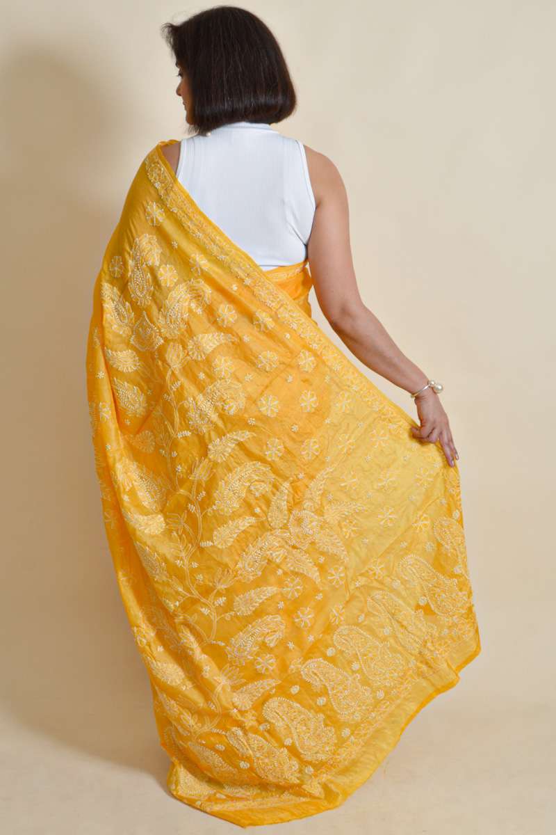 Fabnuma Handcrafted Yellow Tussar Silk Chikankari Saree-Blouse - Fabnuma