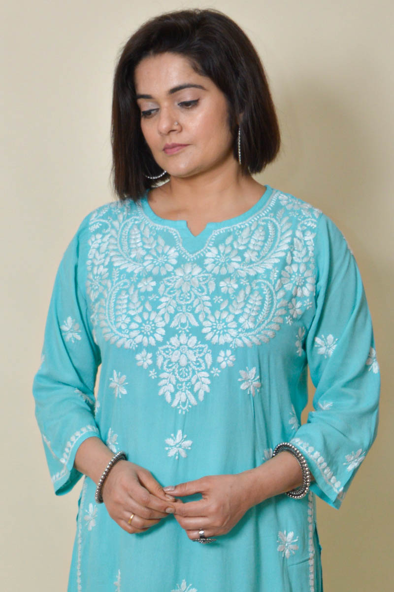 Fabnuma Handcrafted Sky Blue Rayon Cotton Chikankari Kurta Bottom Set - Fabnuma