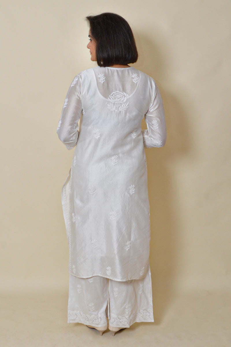Fabnuma Handcrafted White Muslin Silk Chikankari Kurta Bottom Set - Fabnuma