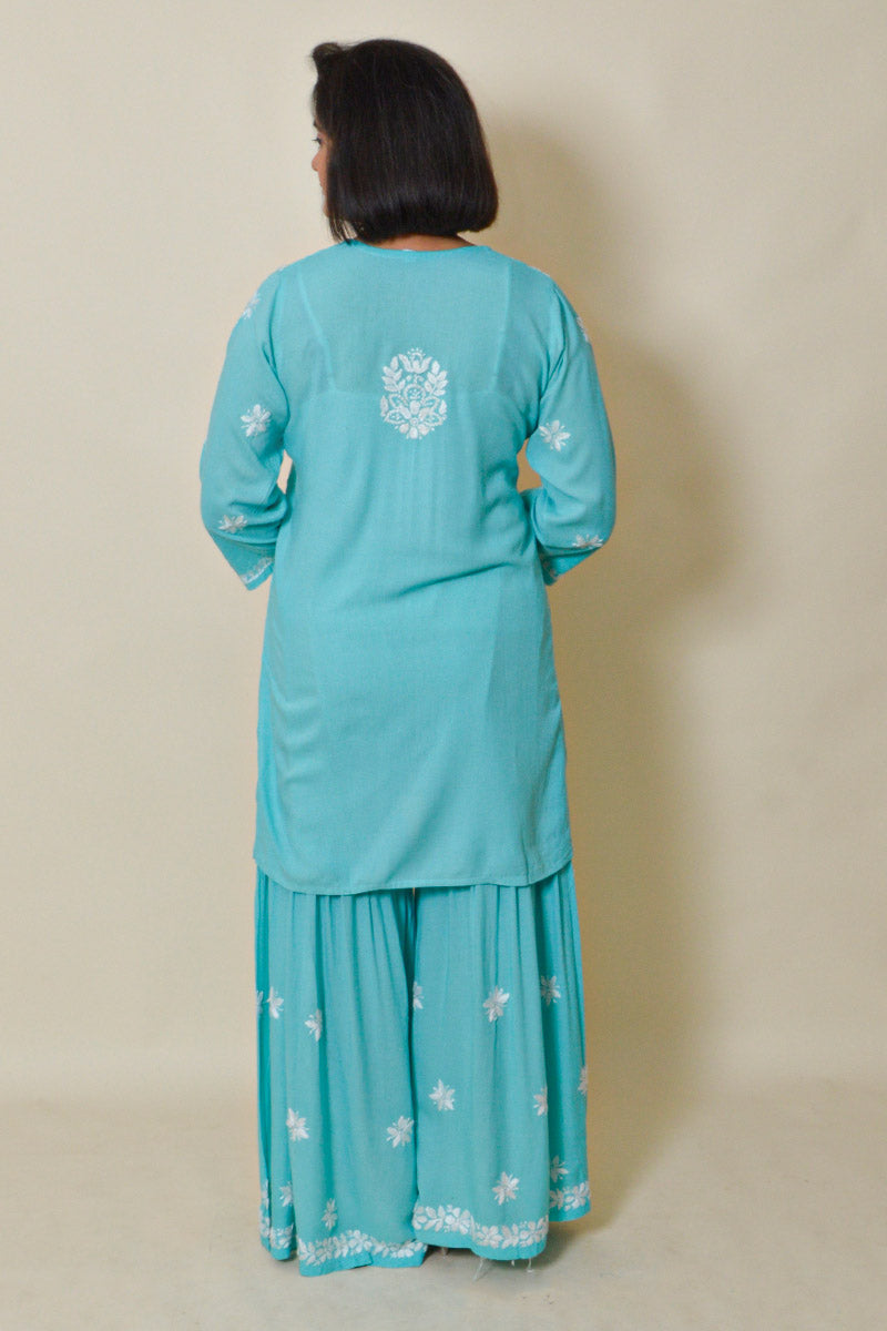 Fabnuma Handcrafted Sky Blue Rayon Cotton Chikankari Kurta Bottom Set - Fabnuma