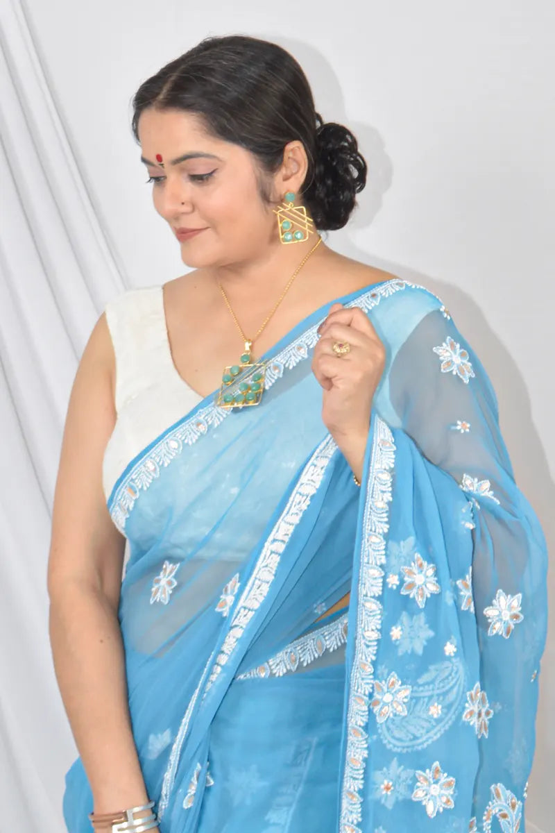 Fabnuma Handcrafted Blue Gotapatti Work Georgette Lucknowi Chikankari Saree with Blouse