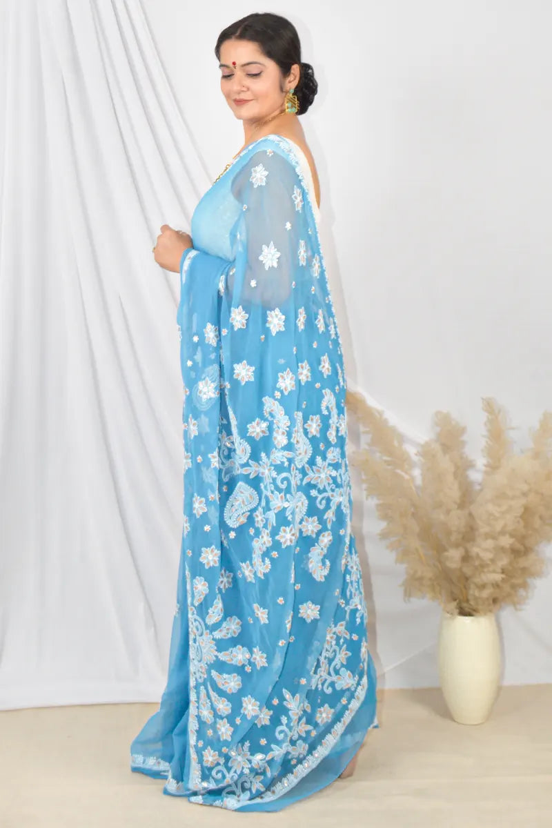 Fabnuma Handcrafted Blue Gotapatti Work Georgette Lucknowi Chikankari Saree with Blouse