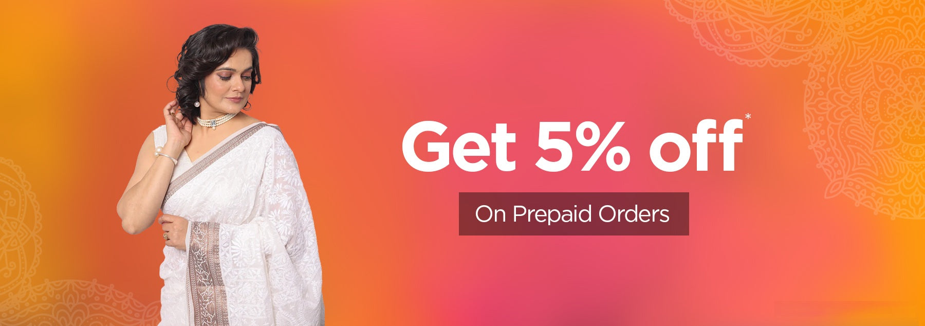 Woman in a white saree with promotional text on an orange and pink gradient background