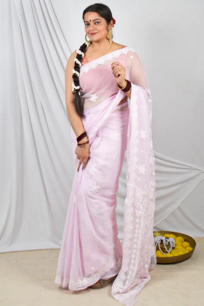 Baby Pink Chikankari Saree with Pearl Work Lucknowi Embroidery and Blouse – Perfect for Weddings & Festive Wear