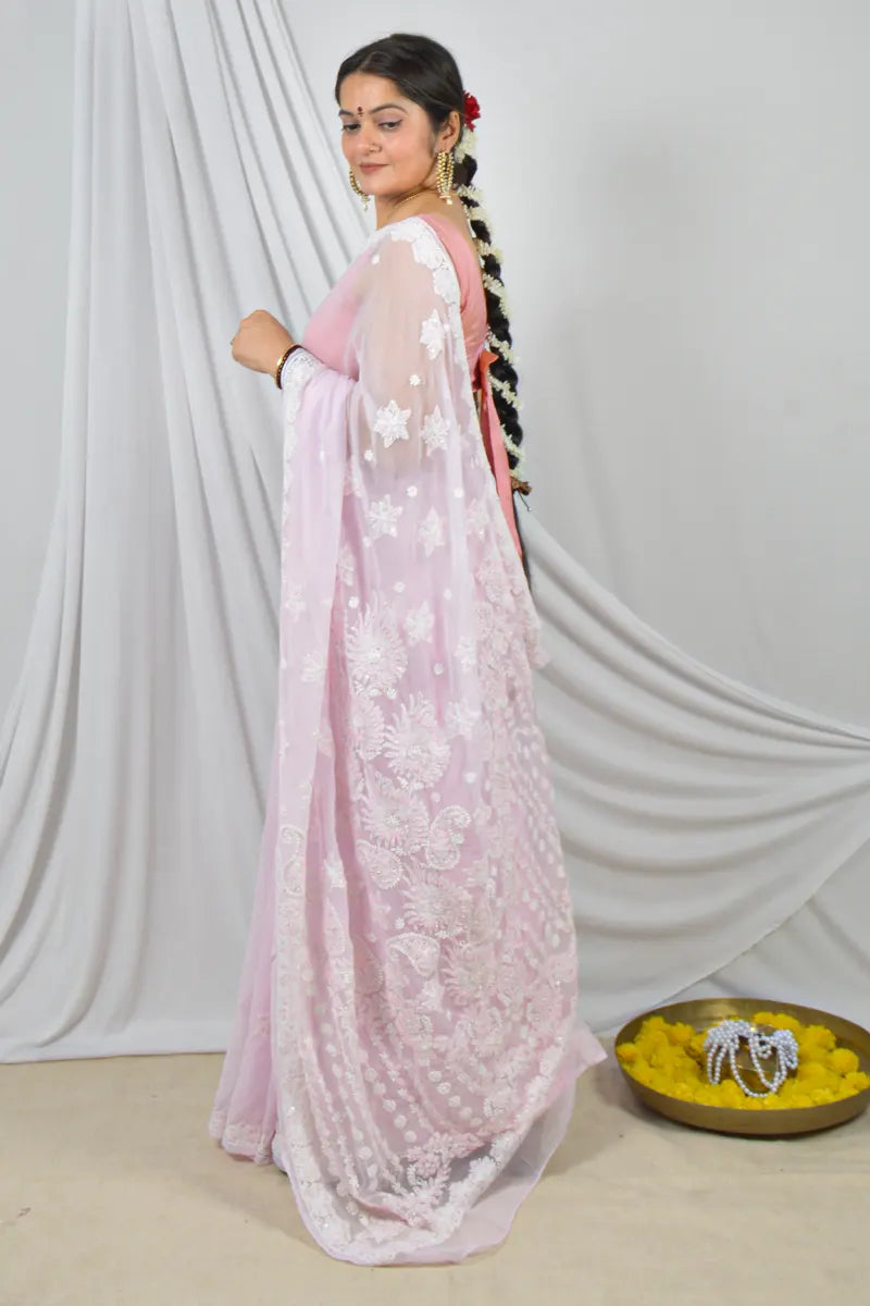Baby Pink Chikankari Saree with Pearl Work Lucknowi Embroidery and Blouse – Perfect for Weddings & Festive Wear