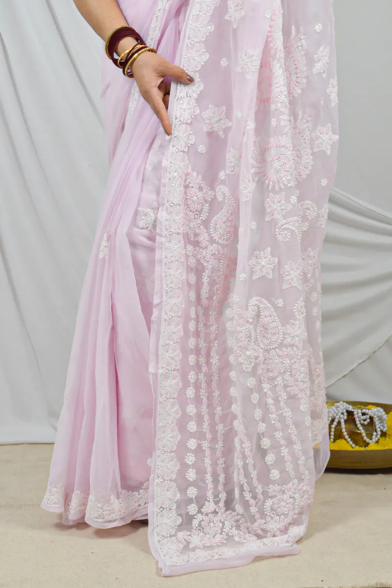Baby Pink Chikankari Saree with Pearl Work Lucknowi Embroidery and Blouse – Perfect for Weddings & Festive Wear