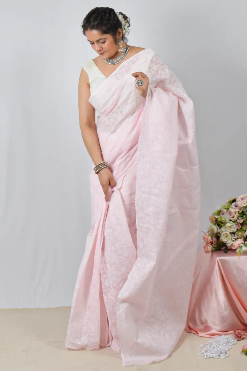 Baby Pink  Kota cotton saree with handcrafted Lucknowi Chikankari embroidery and matching blouse – traditional wear by Fabnuma