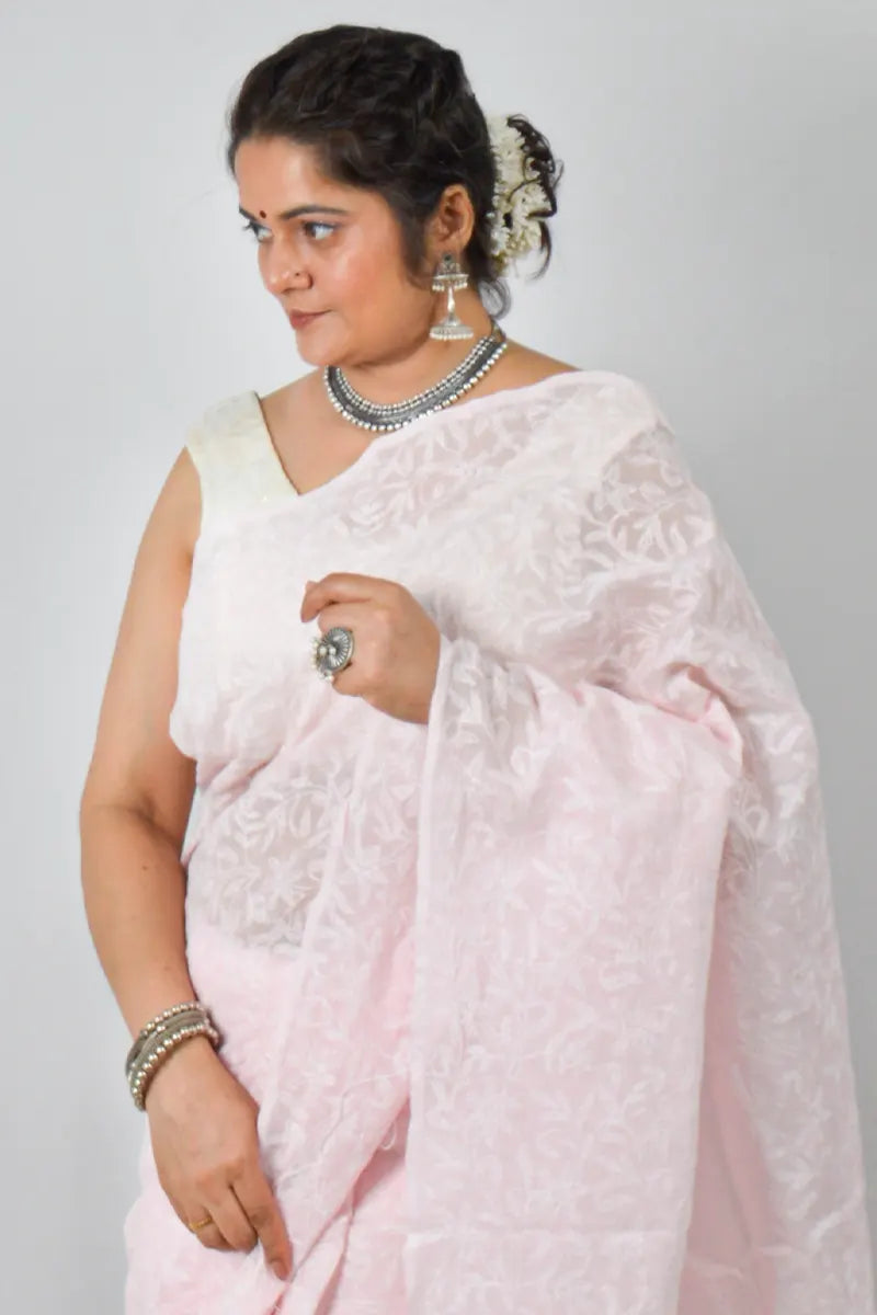 Baby Pink  Kota cotton saree with handcrafted Lucknowi Chikankari embroidery and matching blouse – traditional wear by Fabnuma